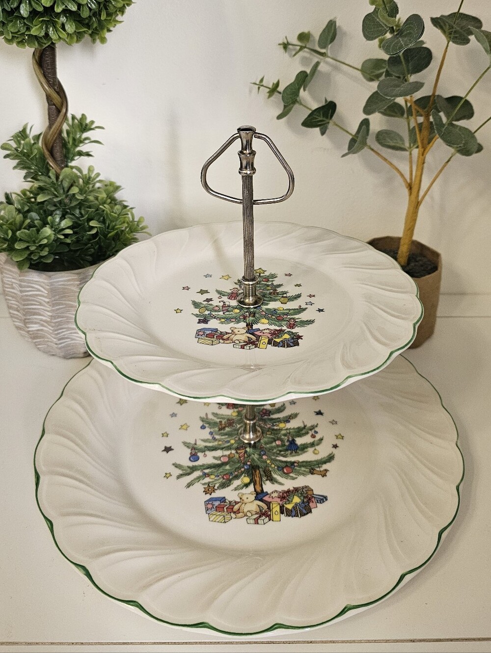 VINTAGE Nikko Ceramics 2-Tier Happy Holidays Christmas Tree Serving Tray.